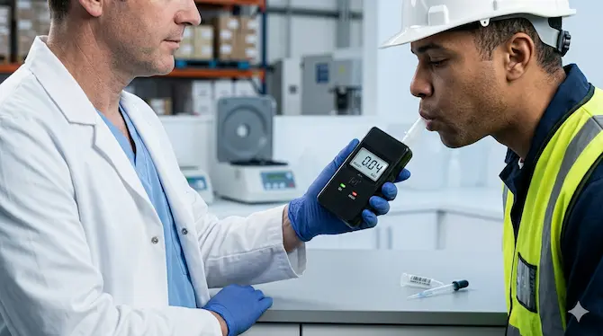 Técnico de salud ocupacional administrando prueba de alcoholímetro a trabajador industrial con casco y chaleco de seguridad