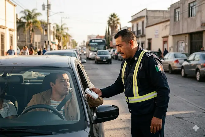 Policía de tránsito mexicano aplicando prueba de alcoholemia a conductor en control vial urbano en México