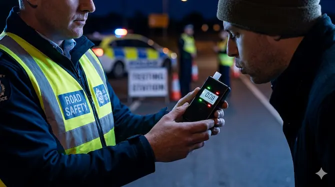 Agente de tránsito aplicando prueba de alcoholímetro a conductor en operativo vial nocturno en México
