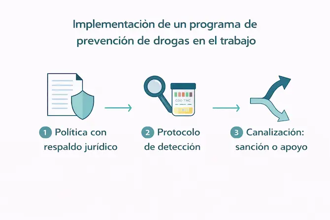 Diagrama de 3 pasos para implementar un programa de prevención de adicciones en el trabajo conforme a NOM-030-STPS: política, protocolo de detección y canalización