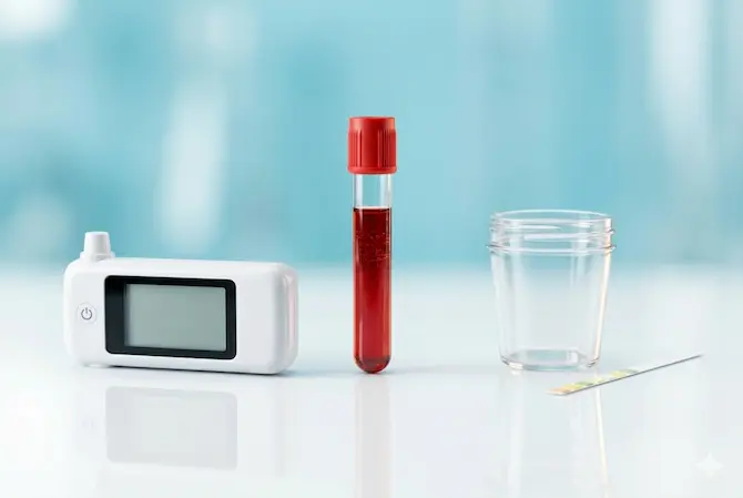 Los tres tipos de prueba de alcoholemia: alcoholímetro, muestra de sangre en tubo y recipiente de orina sobre superficie blanca