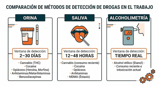 Infografía comparativa de tipos de pruebas de detección de adicciones en el trabajo: orina, saliva y alcoholimetría, con ventana de detección y sustancias detectables