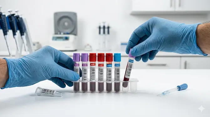 Técnico de laboratorio clínico manipulando tubos de muestra sanguínea con guantes de látex durante proceso de análisis para prueba diagnóstica