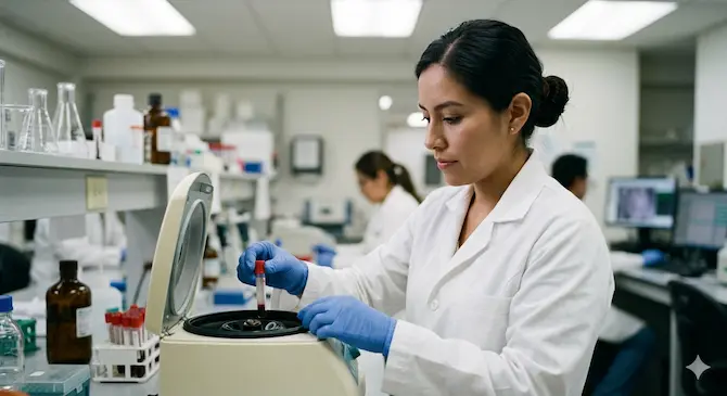 Técnica de laboratorio procesando muestra de sangre para prueba de embarazo cuantitativa beta-hCG