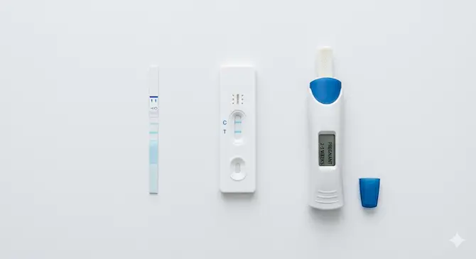 Comparativa de tipos de pruebas de embarazo: tira reactiva, casete y digital sobre superficie blanca