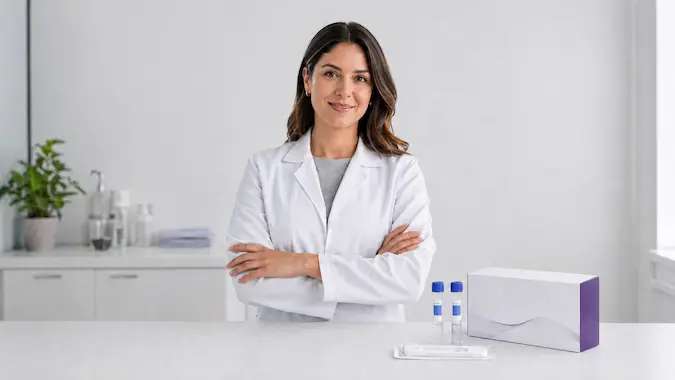 Profesional de salud con bata blanca sosteniendo kit de diagnóstico para SARS-CoV-2, orientada a contacto con proveedor de reactivos clínicos