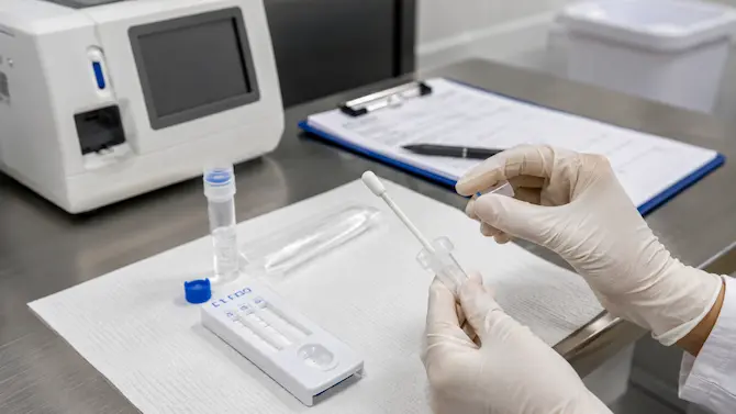 Tipo de prueba de antidoping en saliva: manos con guantes manipulando hisopo oral junto a cassette de inmunoensayo rápido