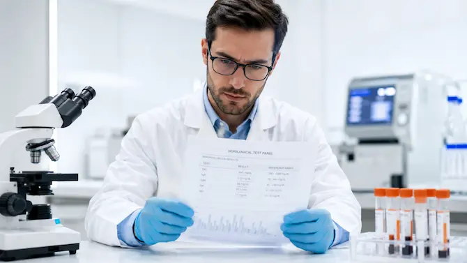 Profesional de salud con resultados de análisis de anticuerpos lista para asesoría en reactivos de diagnóstico