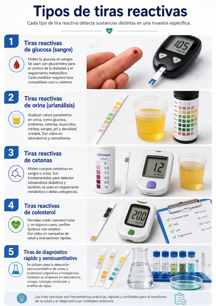 Diferentes tipos de tiras reactivas para glucosa, orina y cetonas sobre superficie de laboratorio clínico