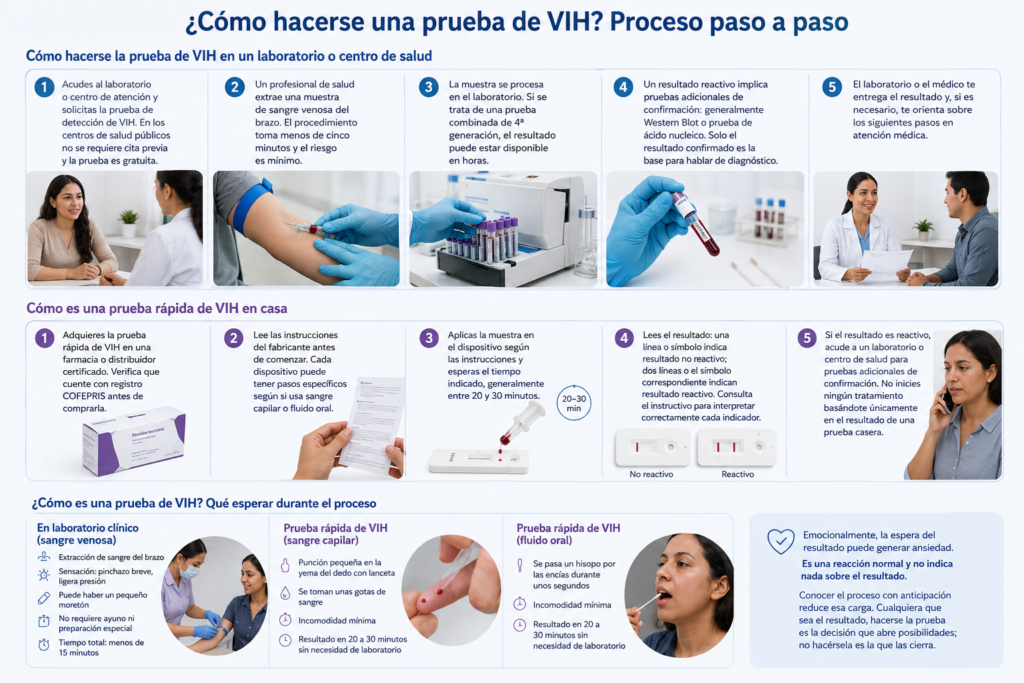 Infografía médica sobre cómo hacerse una prueba de VIH en laboratorio, centro de salud o con prueba rápida en casa.