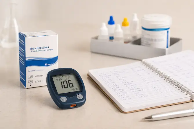Escritorio con glucómetro, caja de tiras reactivas con fecha de caducidad visible, libreta de registro de mediciones y kit de reactivos de laboratorio, mostrando los factores que afectan la confiabilidad del automonitoreo de glucosa.