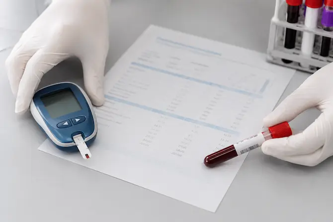 Composición comparativa de glucómetro personal con tira reactiva junto a tubo de muestra venosa y resultado de análisis clínico, ilustrando las diferencias entre el automonitoreo y la determinación de glucosa en laboratorio.