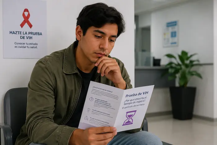 Hombre en sala de espera clínica leyendo información sobre el período de ventana de la prueba de VIH.