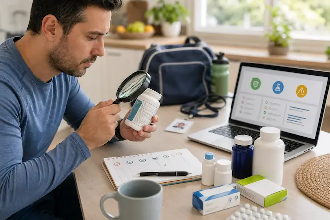 Persona revisando etiquetas de suplementos y medicamentos de venta libre en casa con una laptop de verificación, libreta de control y elementos deportivos y laborales al fondo para prevenir el consumo accidental de sustancias prohibidas.