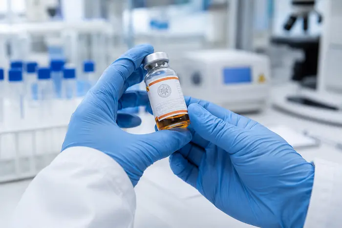 Manos con guantes sosteniendo reactivo de laboratorio certificado con registro sanitario COFEPRIS