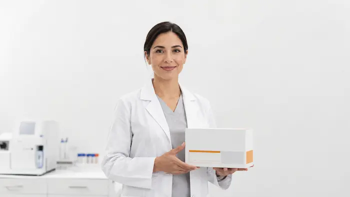 Manos con guantes sosteniendo reactivo de laboratorio certificado con registro sanitario COFEPRIS