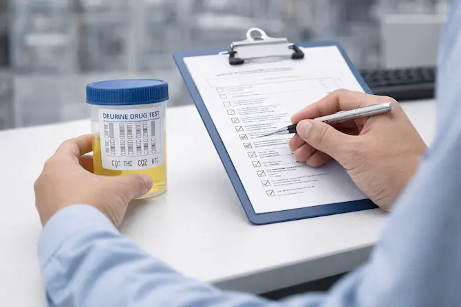 Responsable de salud ocupacional revisando resultado de prueba antidoping en empresa mexicana como parte de programa de prevención de adicciones en el trabajo