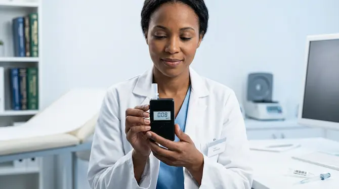 Profesional de salud en entorno clínico sosteniendo un alcoholímetro digital para medir el nivel de alcohol en aliento