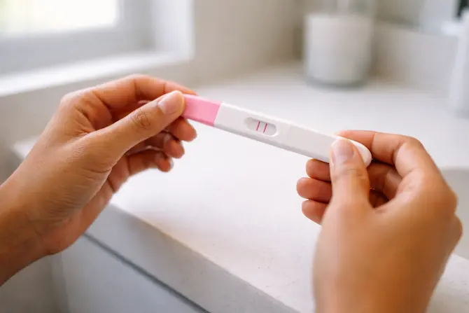 Mujer sosteniendo una prueba de embarazo en tira reactiva sobre lavabo blanco esperando el resultado