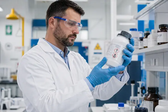 Técnico de seguridad laboral con equipo de protección inspeccionando sustancias químicas en planta industrial dentro de un programa de toxicología ocupacional