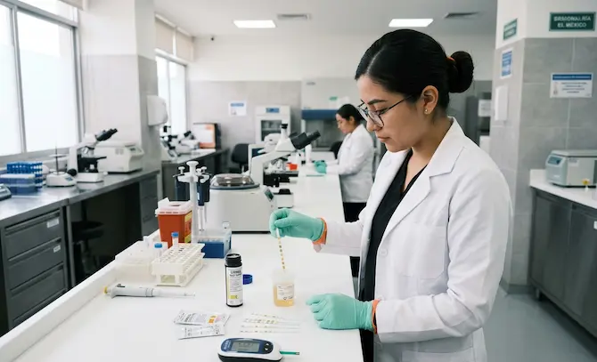 Técnica de laboratorio sosteniendo tira reactiva de urianálisis junto a glucómetro en entorno clínico profesional