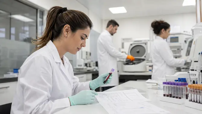 Técnico de laboratorio revisando resultados de pruebas de anticuerpos en entorno clínico profesional