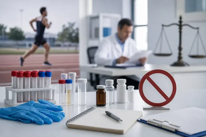 Imagen conceptual de laboratorio clínico con tubos de muestra, frascos médicos genéricos y elementos visuales relacionados con deporte, salud ocupacional y marco legal para representar la clasificación de sustancias prohibidas en México.