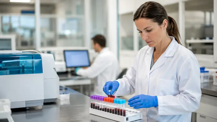 Laboratorio clínico realizando pruebas de sangre para detectar tipos de hepatitis viral